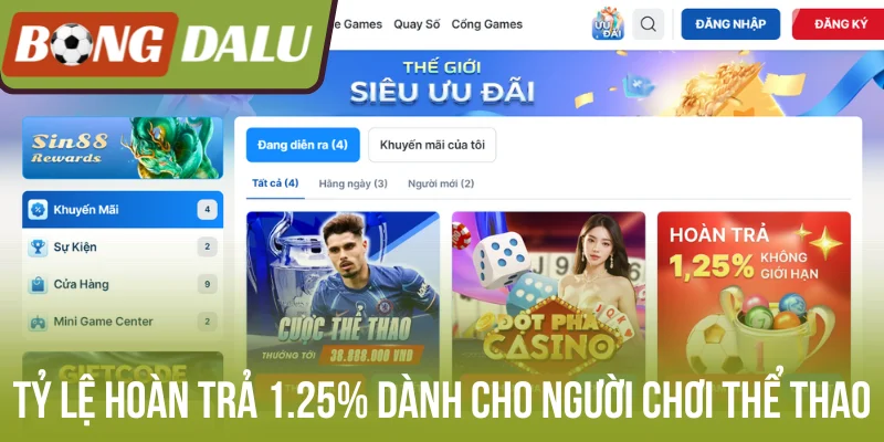 Tỷ lệ hoàn trả cao 1.25% dành cho người chơi thể thao