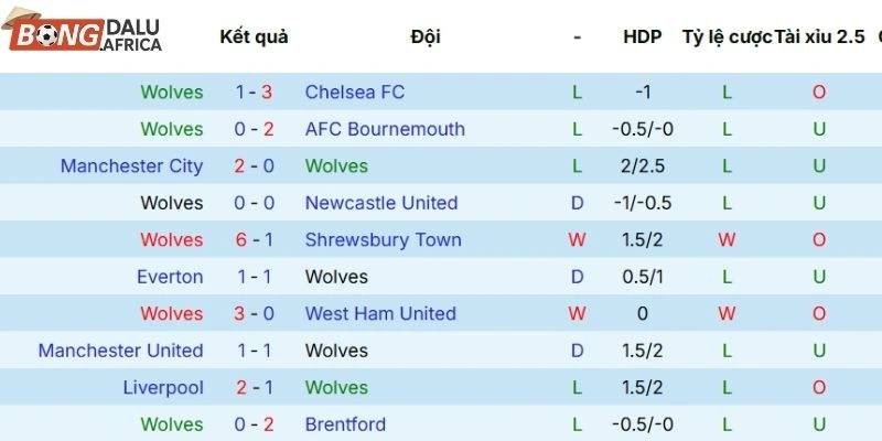 Thống kê Wolverhampton Wanderers trong 5 trận gần nhất ra sân