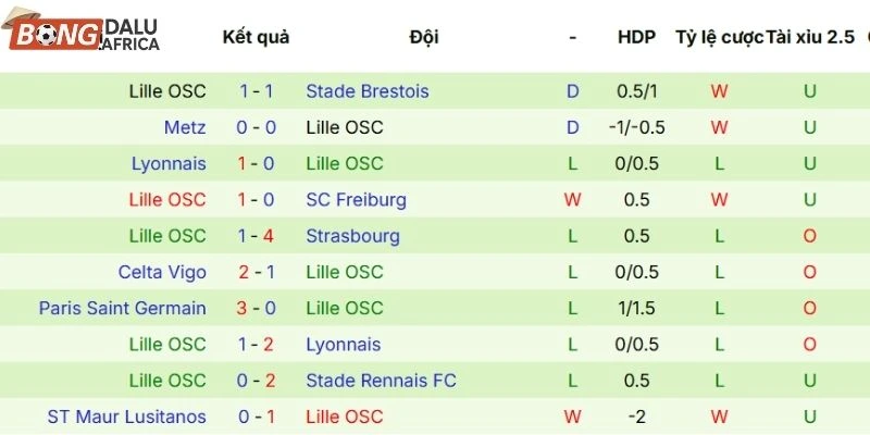 Thành tích thi đấu các lần ra sân gần đây của Lille